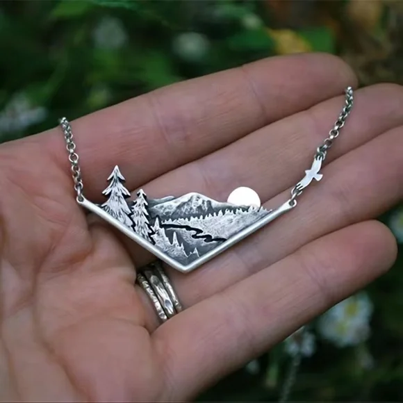 New 3D Mountain Range Eagle Artisan Southwestern Sterling Silver Forest Necklace - Picture 5 of 17